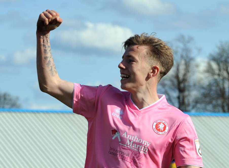 Teenager Sam Corne celebrates scoring the third goal. Picture: David Brown