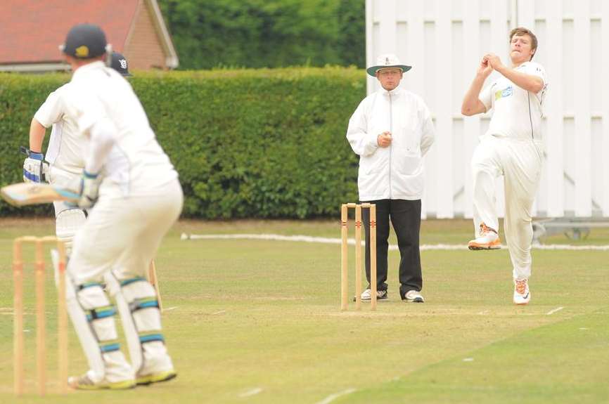 Matt Coles (Hartley) bowls to Kent team-mate Alex Blake, batting for Beckenham