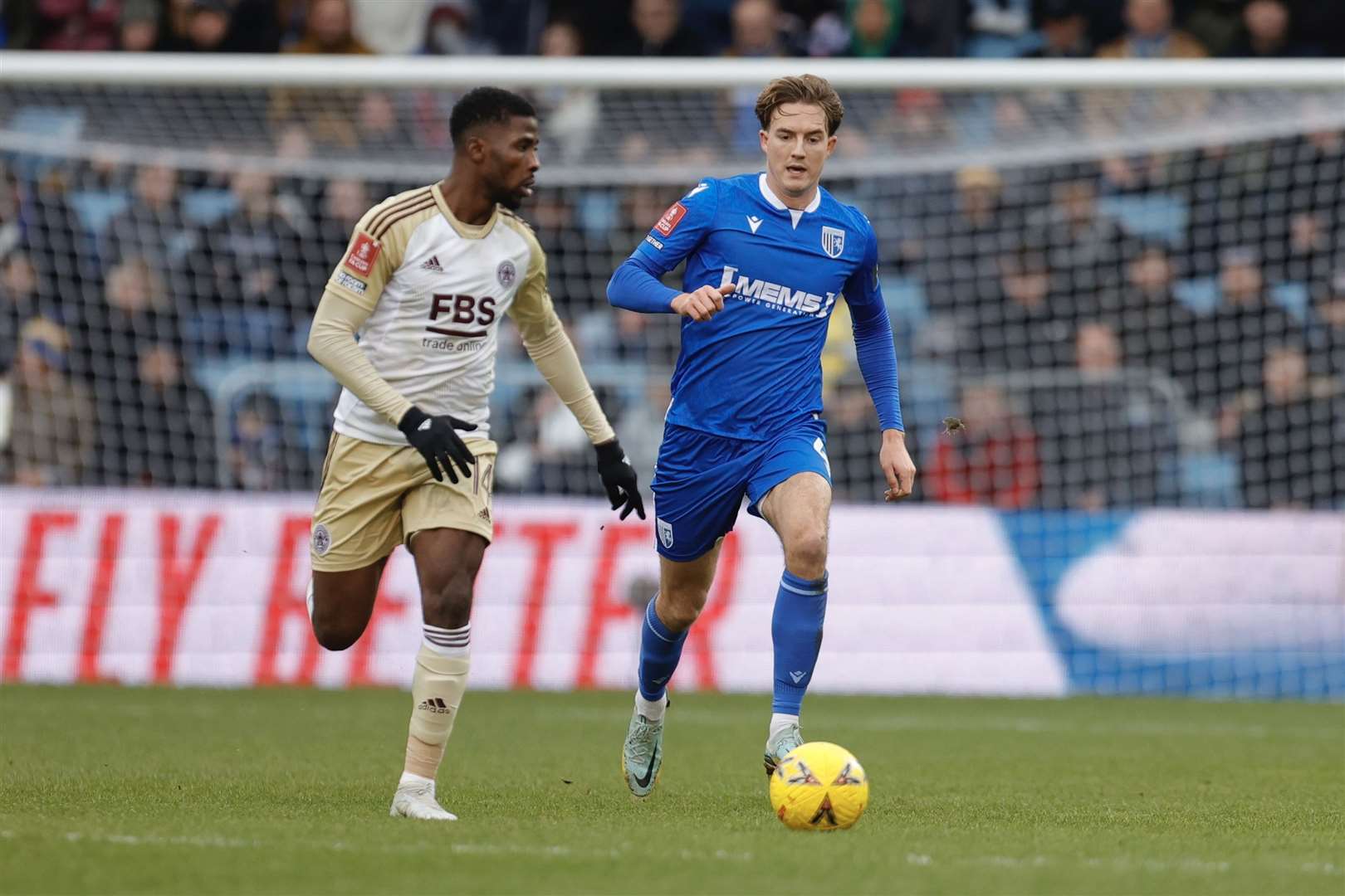 Will Wright in defence for Gillingham against Leicester City in the FA Cup at Priestfield