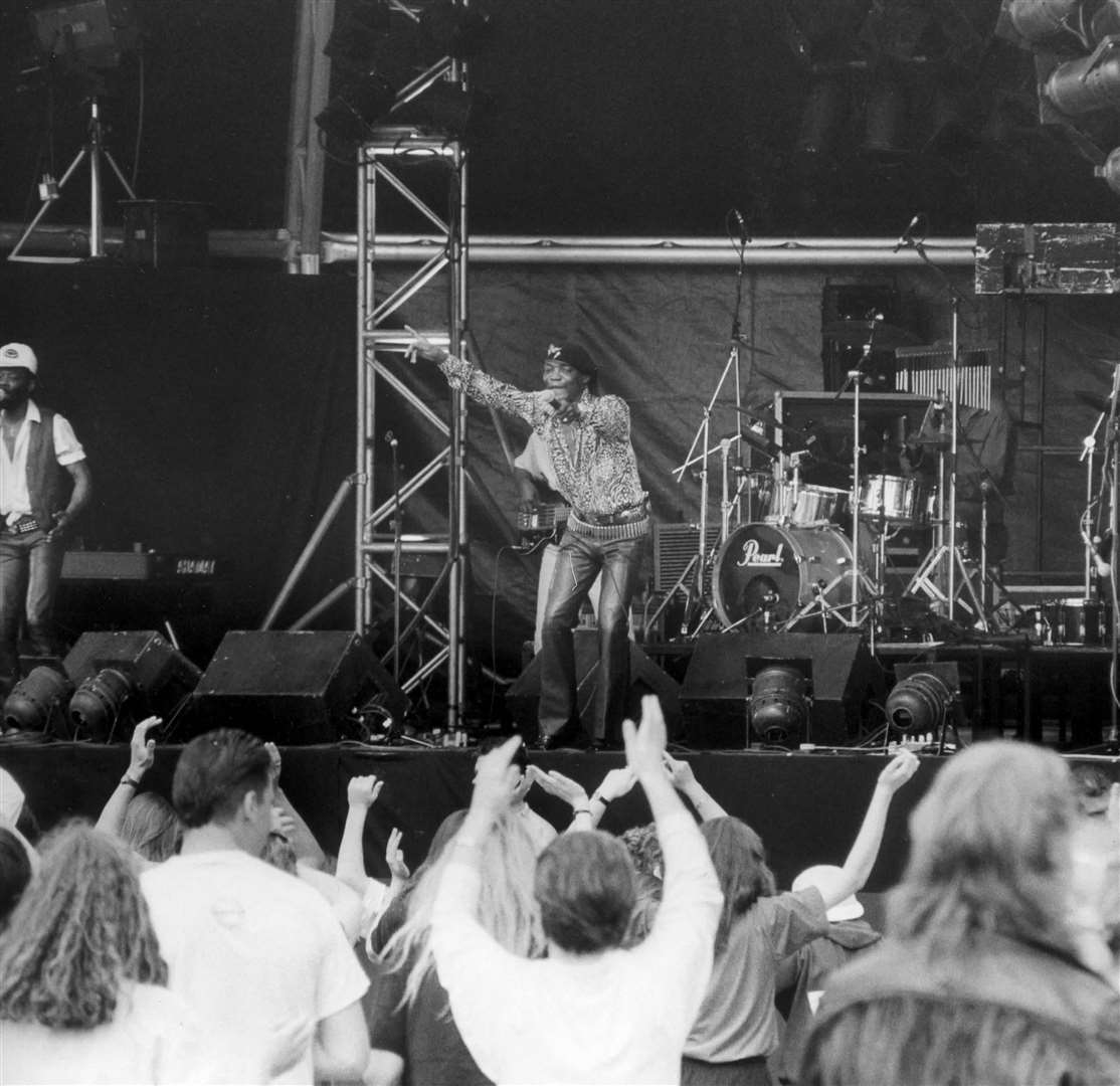 Desmond Dekker getting the crowd going. In 1969, his song The Israelites became the first UK reggae number one