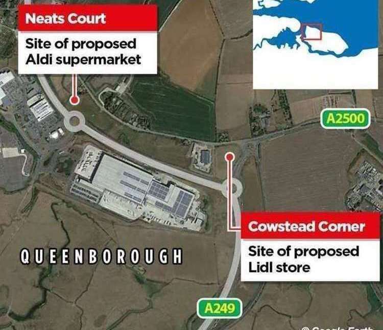 The location of the new Lidl supermarket, near Cowstead Corner, and the new Aldi, at Neats Court