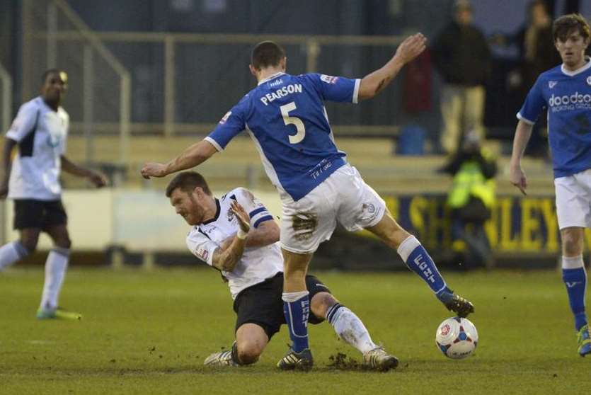 Elliot Bradbrook challenges Halifax's Matty Pearson (Pic: Andy Payton)