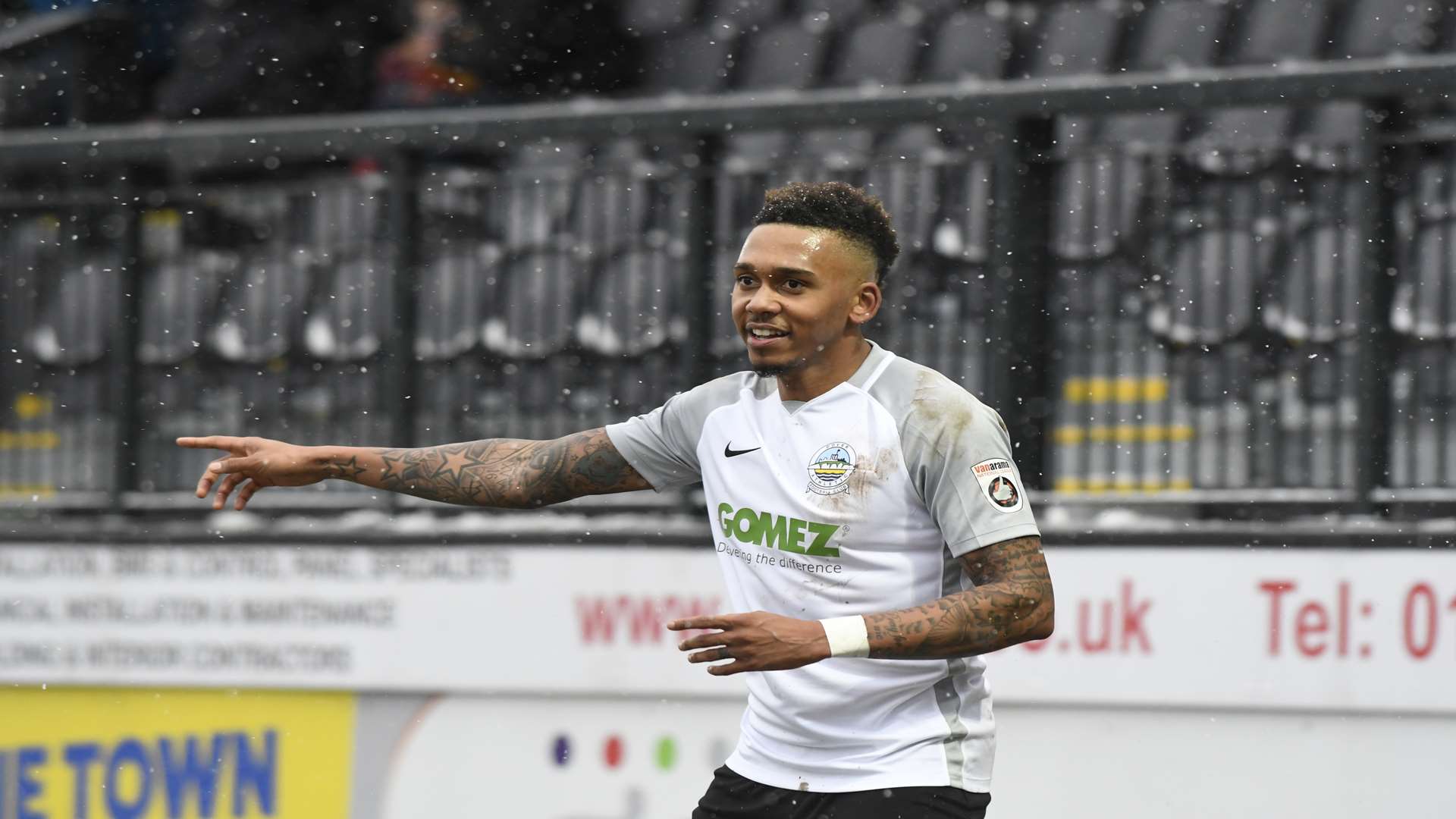 Keanu Marsh-Brown celebrates scoring his first against Macclesfield. Picture: Tony Flashman