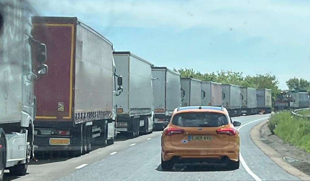 Dover TAP in operation on the A20, with lorries queuing on the left-hand lane of the dual carriageway. Picture: Sussex Beds