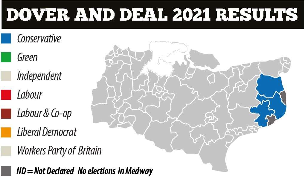 The KCC political map for the Dover district shows three out of five divisions stay blue