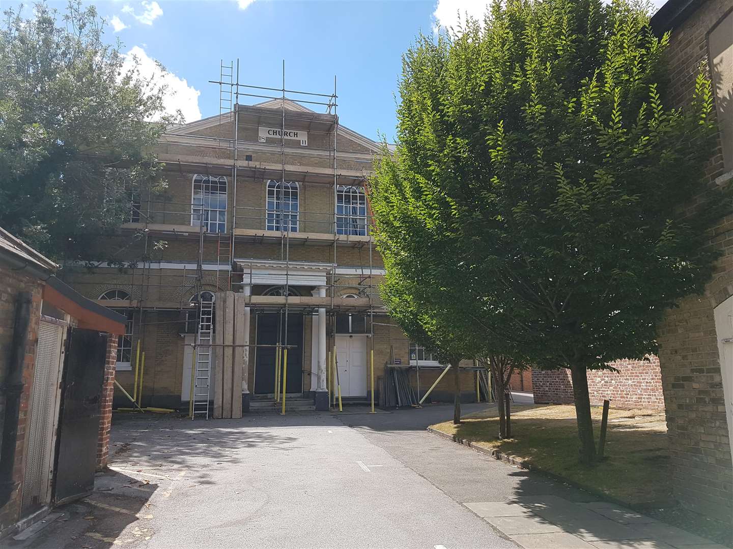 Scaffolding is pitched up on St Peter's Methodist Church