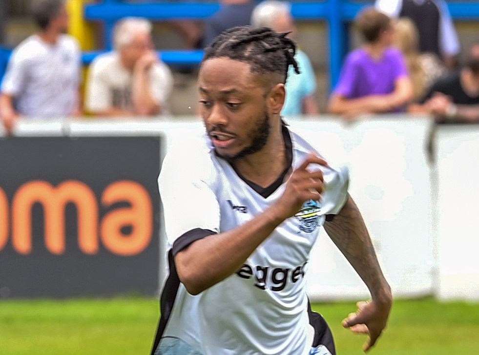 Iffy Allen – was red-carded late on in Dover’s 4-0 weekend loss to Farnborough. Picture: Stuart Brock