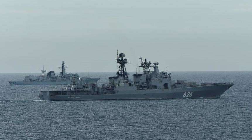 HMS Richmond in the background shadowing the Russian destroyer Kulakov. Picture: Royal Navy/Sam Bannister