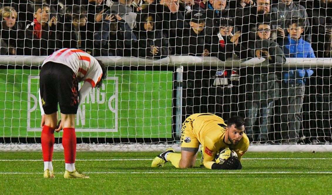 Sheppey goalkeeper Aiden Prall gathers. Picture: Marc Richards