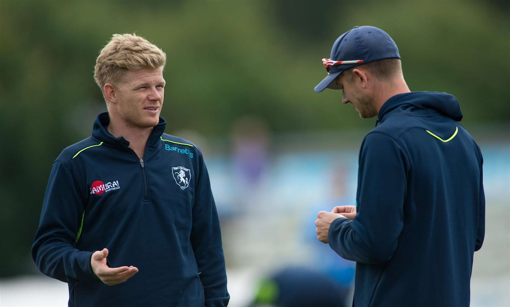 Kent's Sam Billings talks with Joe Denly. Picture: Ady Kerry