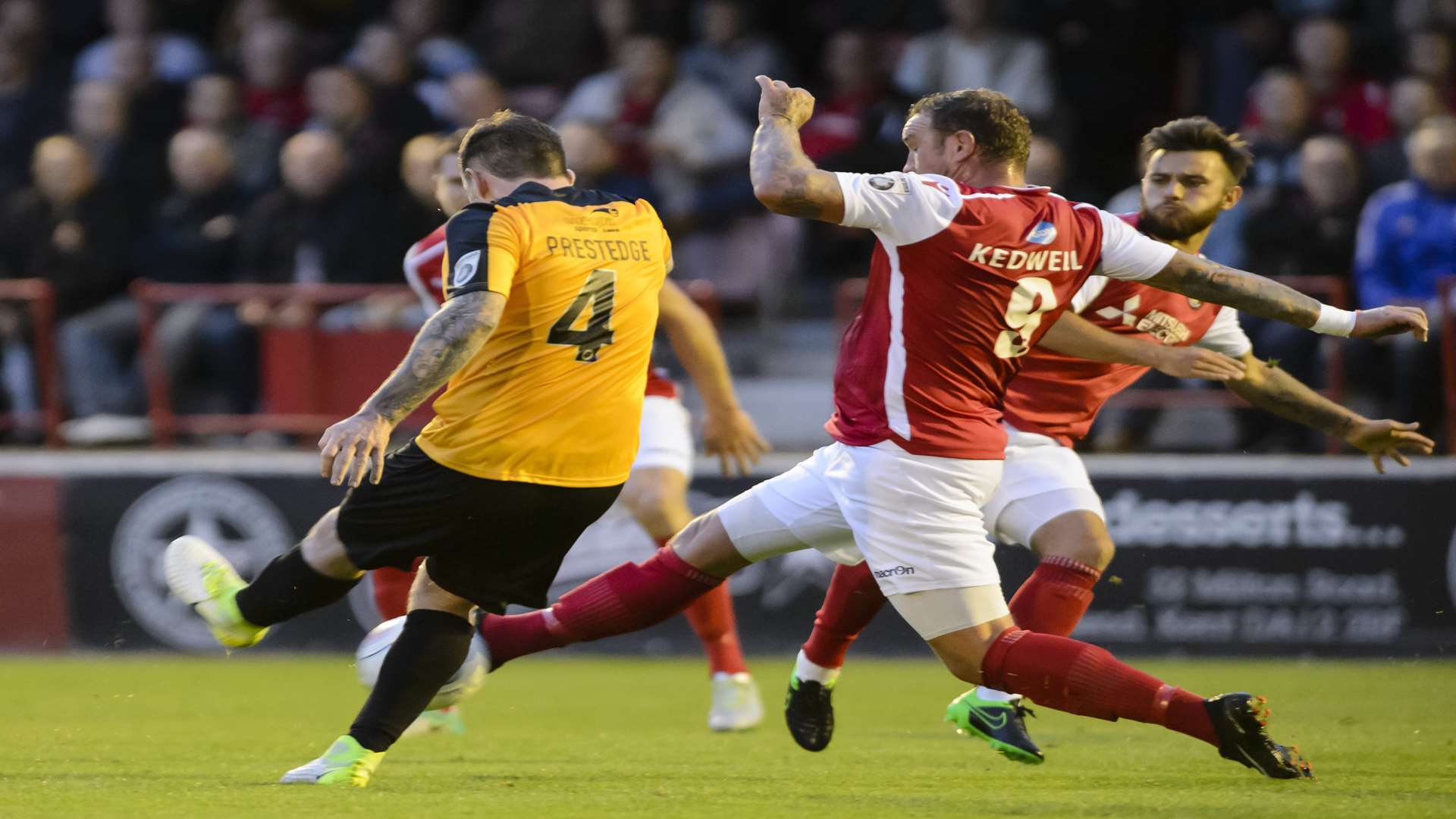 Danny Kedwell blocks a Reece Prestedge shot Picture: Andy Payton