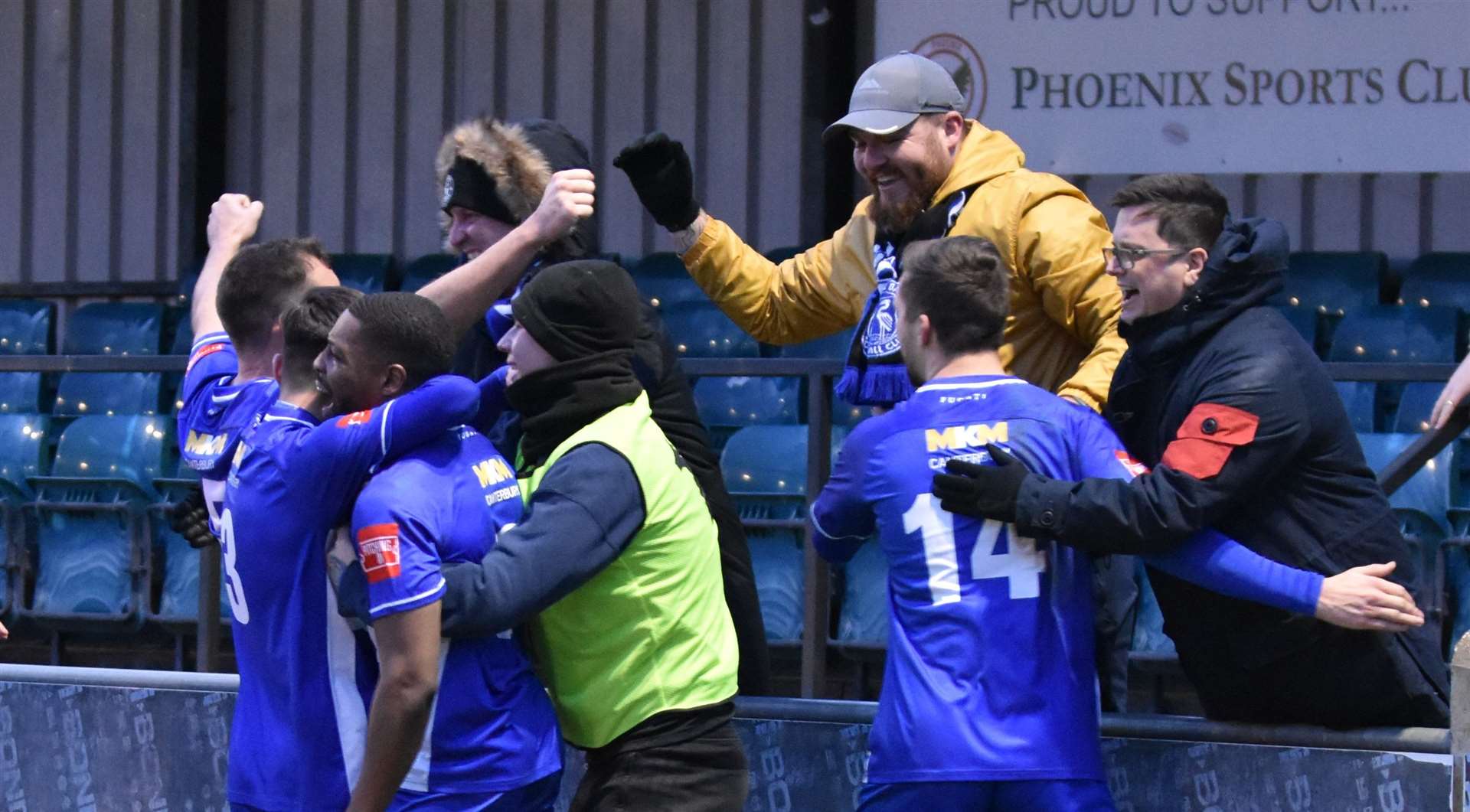 A familiar sight as Herne Bay celebrate a Michael Salako goal during the 2023/24 season at Phoenix. Picture: Alan Coomes