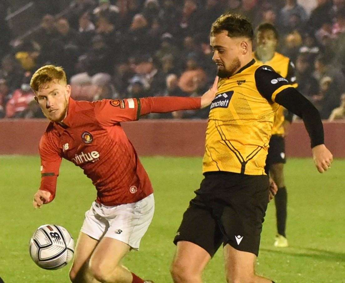 Maidstone midfielder Michael Phillips in action at Ebbsfleet Picture: Steve Terrell