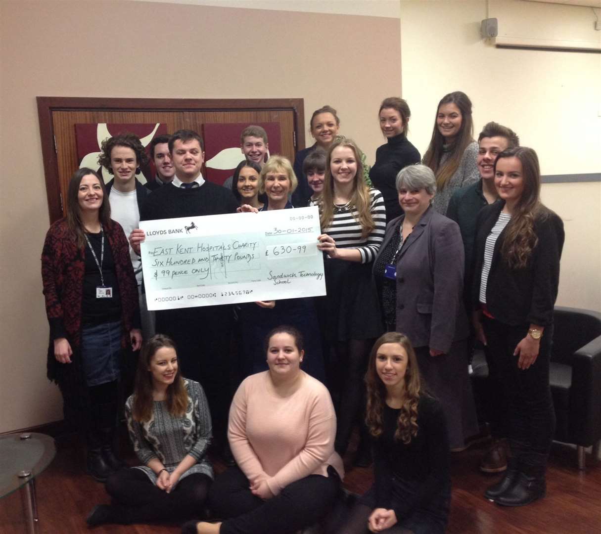 Sixth Form students pictured with head teacher Tracey Savage, East Kent Hospitals charity Bobby Butler and Amber White, English teacher