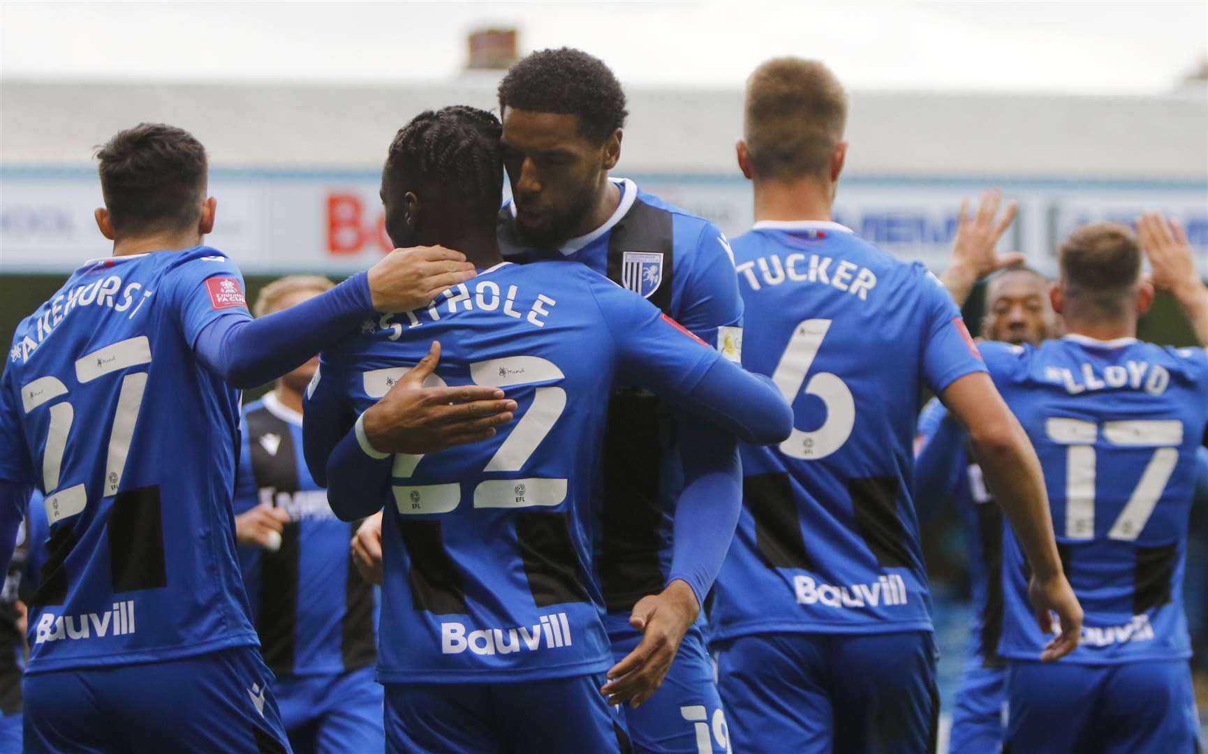 Gills celebrate Gerald Sithole's equaliser. Picture: Andy Jones