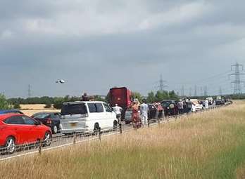 Traffic queues leading up to the Sheppey Crossing closure earlier today. Picture: Adam Yates