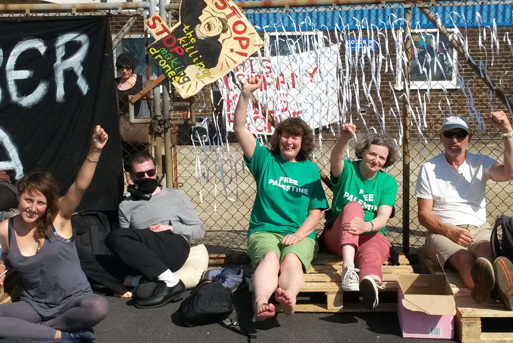 Protesters in front of gates to Instro Precision in Pysons Road industrial estate, Broadstairs