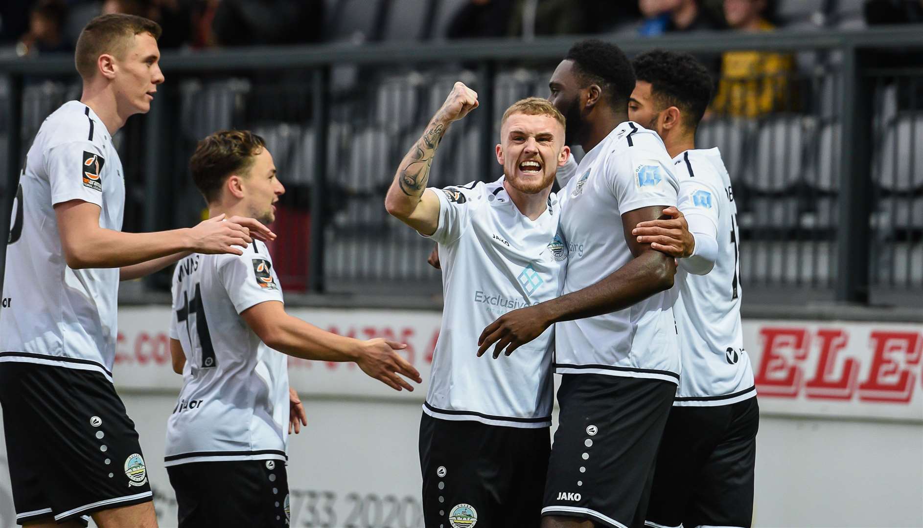 Dover celebrate Inih Effiong's fifth minute header against Solihull Moors Picture: Alan Langley