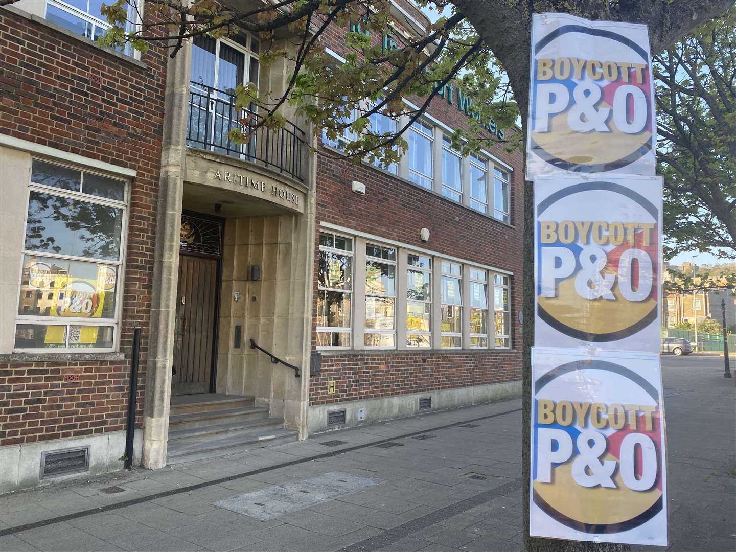 There have been called to boycott P&O since the mass firing, with signs outside the RMT building in Snargate Street, Dover