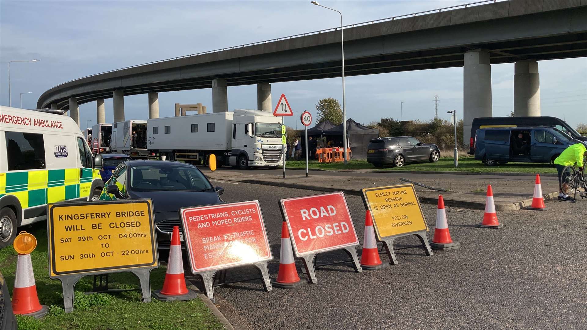 Crews were pictured at Kingsferry Bridge on Saturday morning. Picture: John Nurden