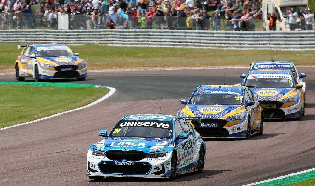 Platts Heath's Jake Hill (No.24) keeps his NAPA UK rivals at bay. Picture: Jakob Ebrey/BMW