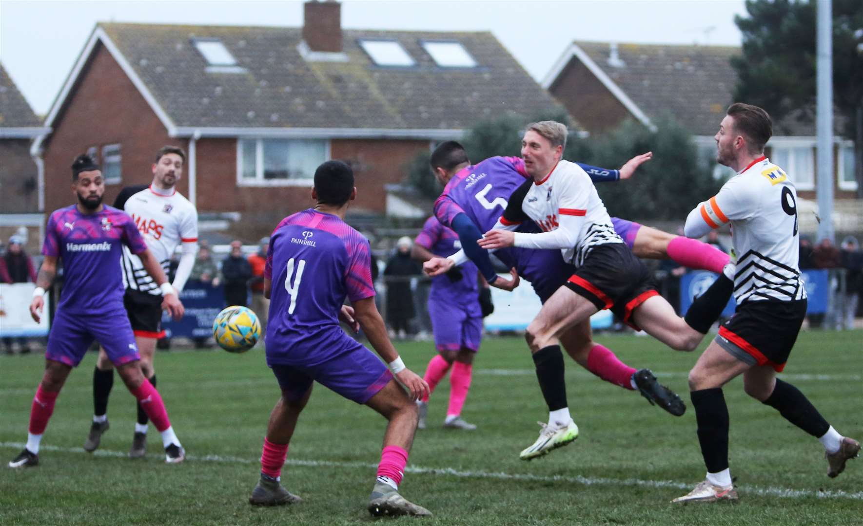 Ben Chapman puts Deal in front during their 2-0 FA Vase home victory over Cobham on Saturday. Picture: Paul Willmott