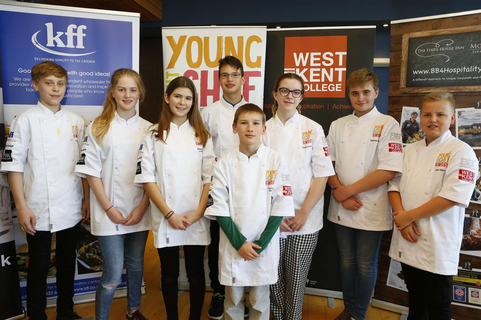 The Produced in Kent Live Cook-off finalists: Cameron Jones, Elizabeth Glasson, Rebecca Louden, Zavie Goutorbe, Thomas Hunt, Charlotte Fife, Hamish McLay and Jem Major