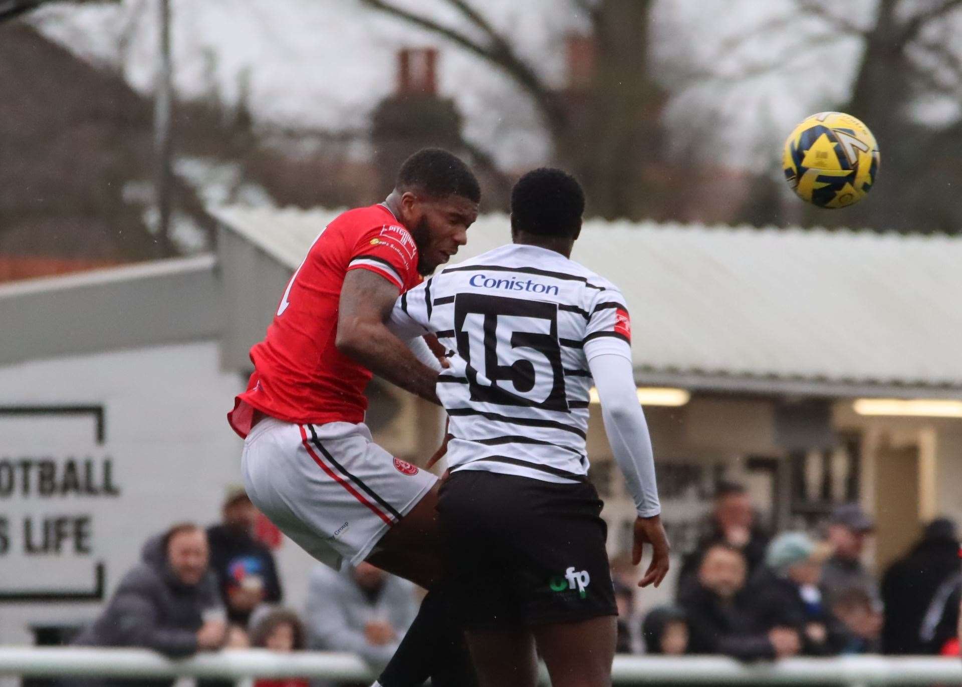 Margate midfielder Mo Kamara, pictured in action at rivals Chatham in February, scored in Gate’s season-ending 5-3 loss at Billericay on Saturday. Picture: Max English (@max_ePhotos)