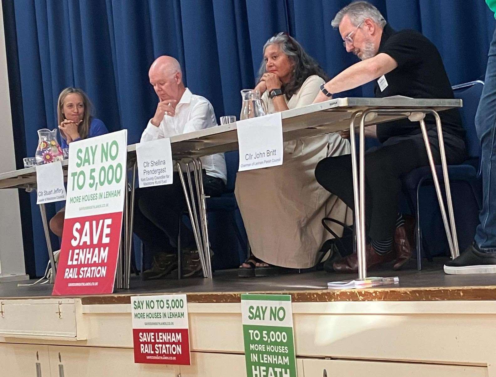 The panel at last night's meeting - L - R Conservative general election candidate Helen Whately, Green Party leader of Maidstone Borough Council Stuart Jeffery, county councillor Shellina Prendergast and Lenham Parish Council chairman John Britt