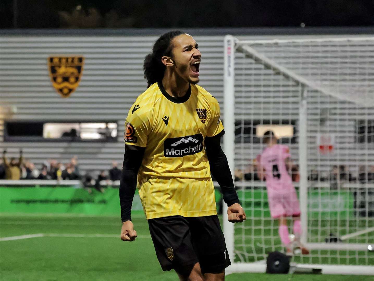 Aaron Blair celebrates after clinching the points for Maidstone. Picture: Helen Cooper