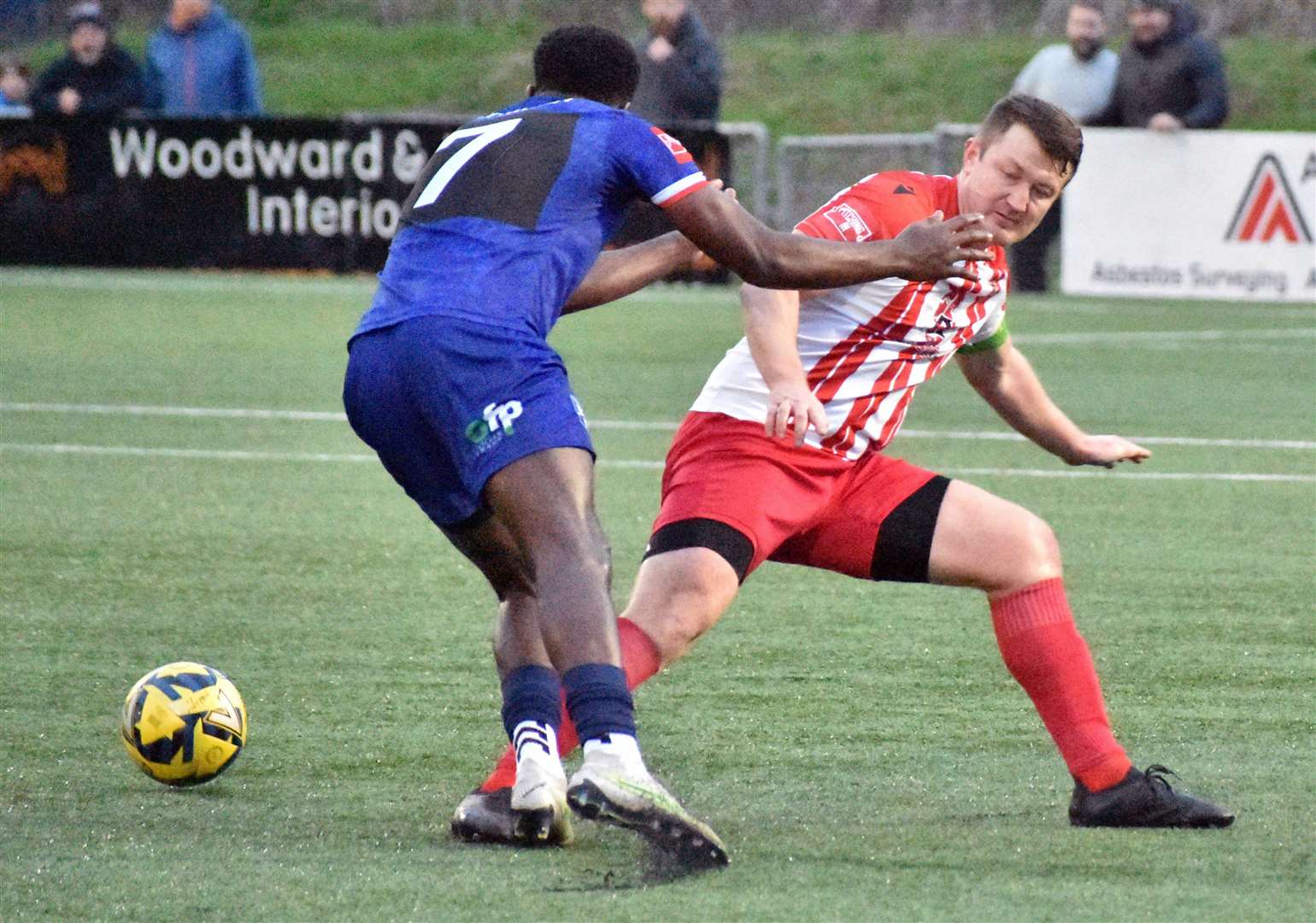 Rohdell Gordon, of Margate, attempts to cut inside Invicta captain Callum Davies. Picture: Randolph File