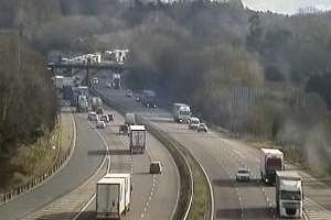 Traffic building on M20 near Ashford after campervan reportedly overturned