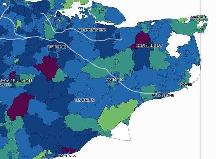 The purple areas denote those with the highest rate of new cases in a week