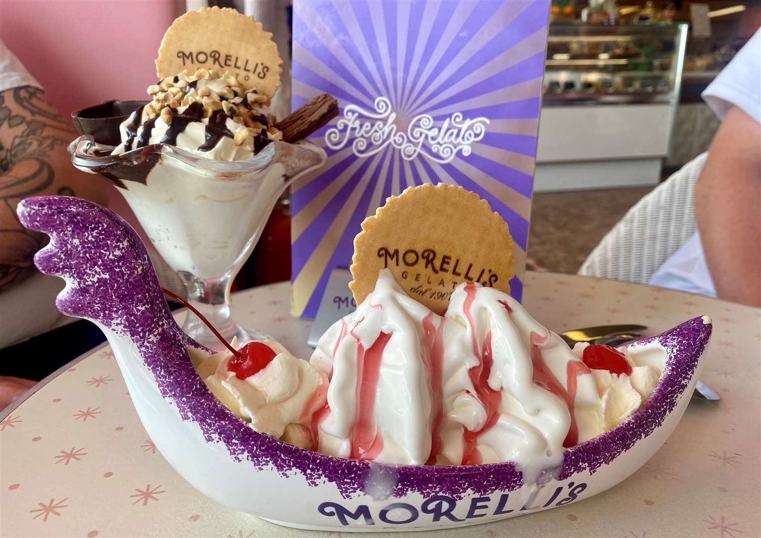 The chocolate nut sundae and banana split were both topped with a special Morelli’s wafer