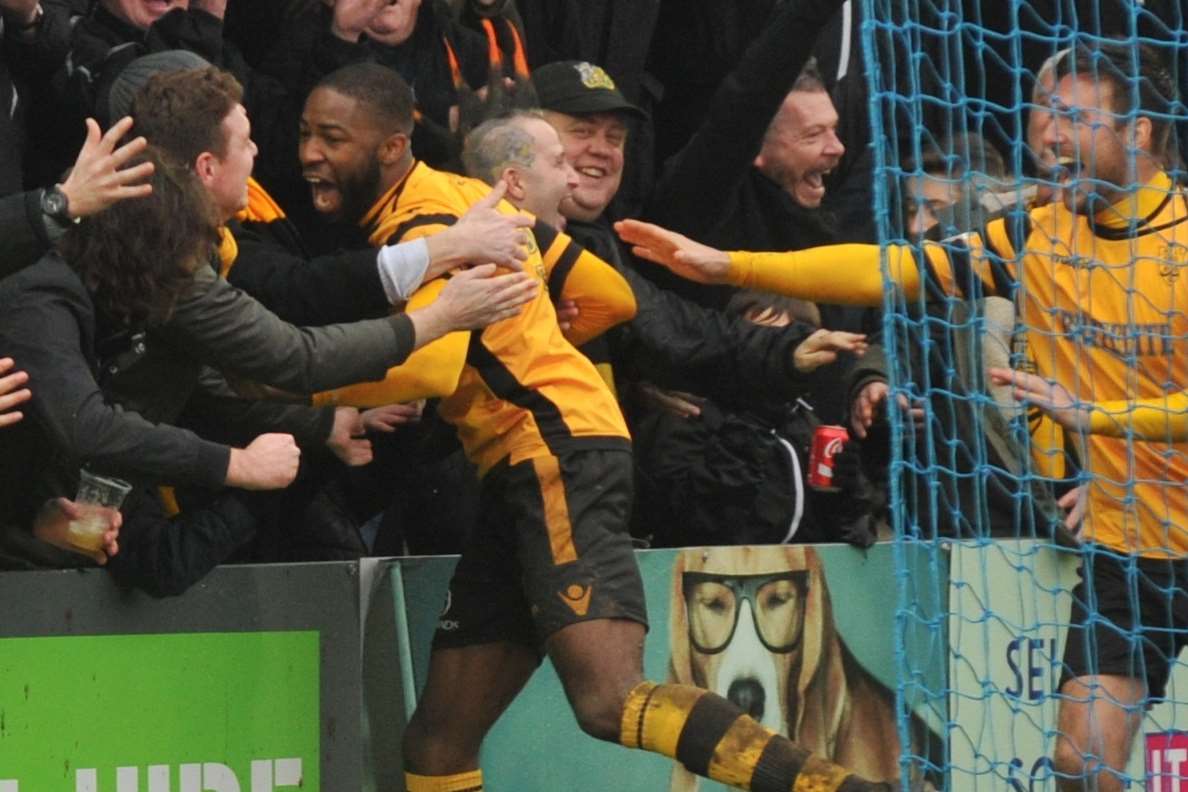 Dumebi Dumaka celebrates his winner against Bishop's Stortford last weekend Picture: Steve Terrell