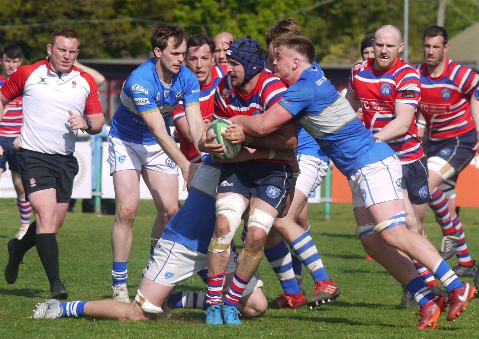 Tonbridge Juddians' Matt Foulds is halted by Bishop's Stortford Picture: Adam Hookway