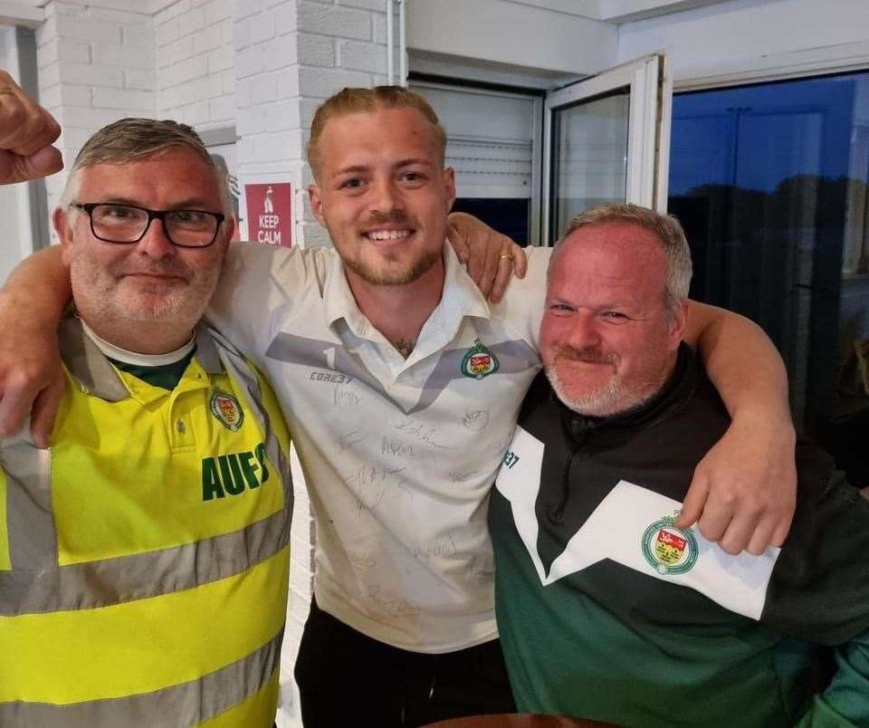 Mr Reed, right, with head steward David Chalmers and former Ashford United goalkeeper Jordan Carey