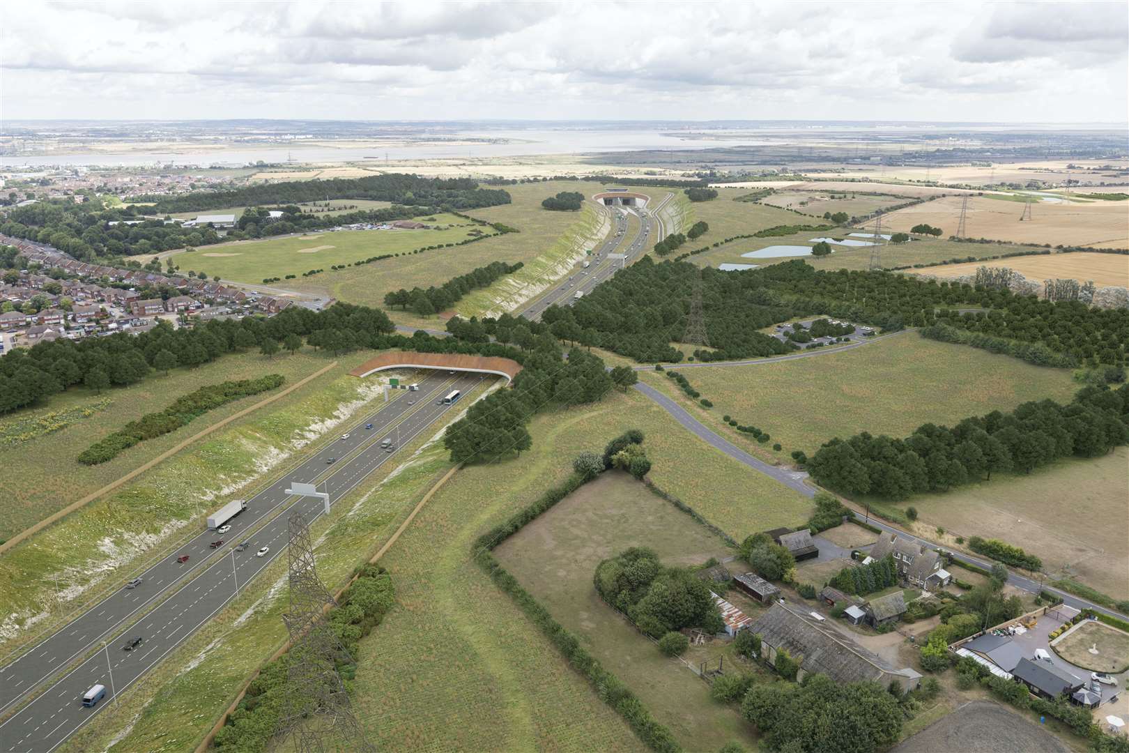 The approach to the tunnel on the Kent side showing Thong Lane bridge linking Gravesend and Thong with the approach to the southern entrance of the Lower Thames Crossing. Picture: Highways England/Joas Souza Photographer