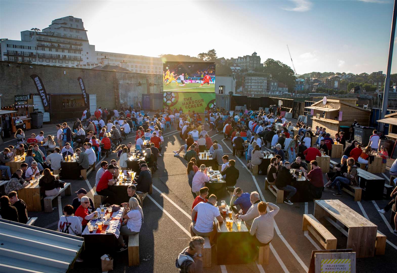 England fans watching the Euro 2020 semi-final match between England and Denmark at Folkestone Harbour Arm. Picture: Andy Aitchison / Folkestone Harbour Arm