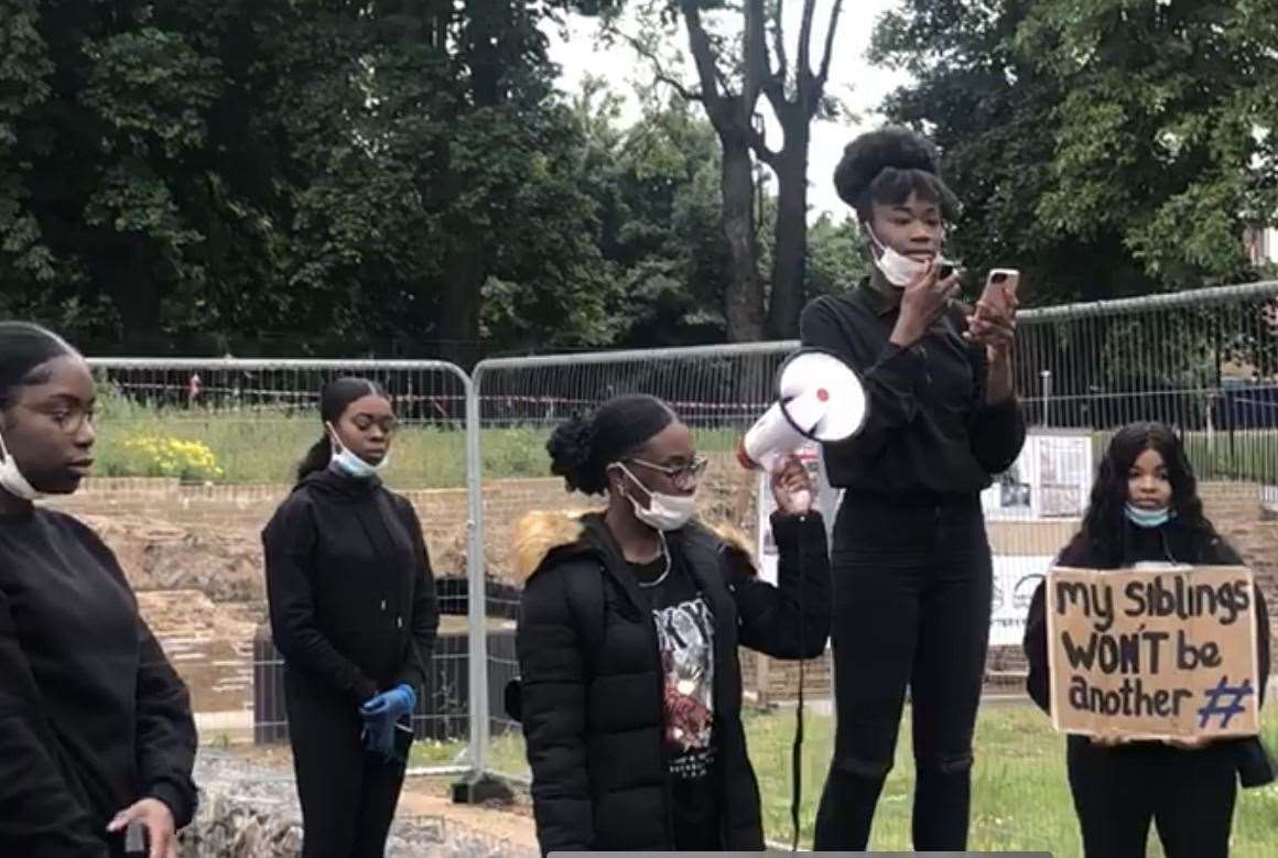 Elizabeth Bernasko addresses the crowds gathered for the march in Chatham