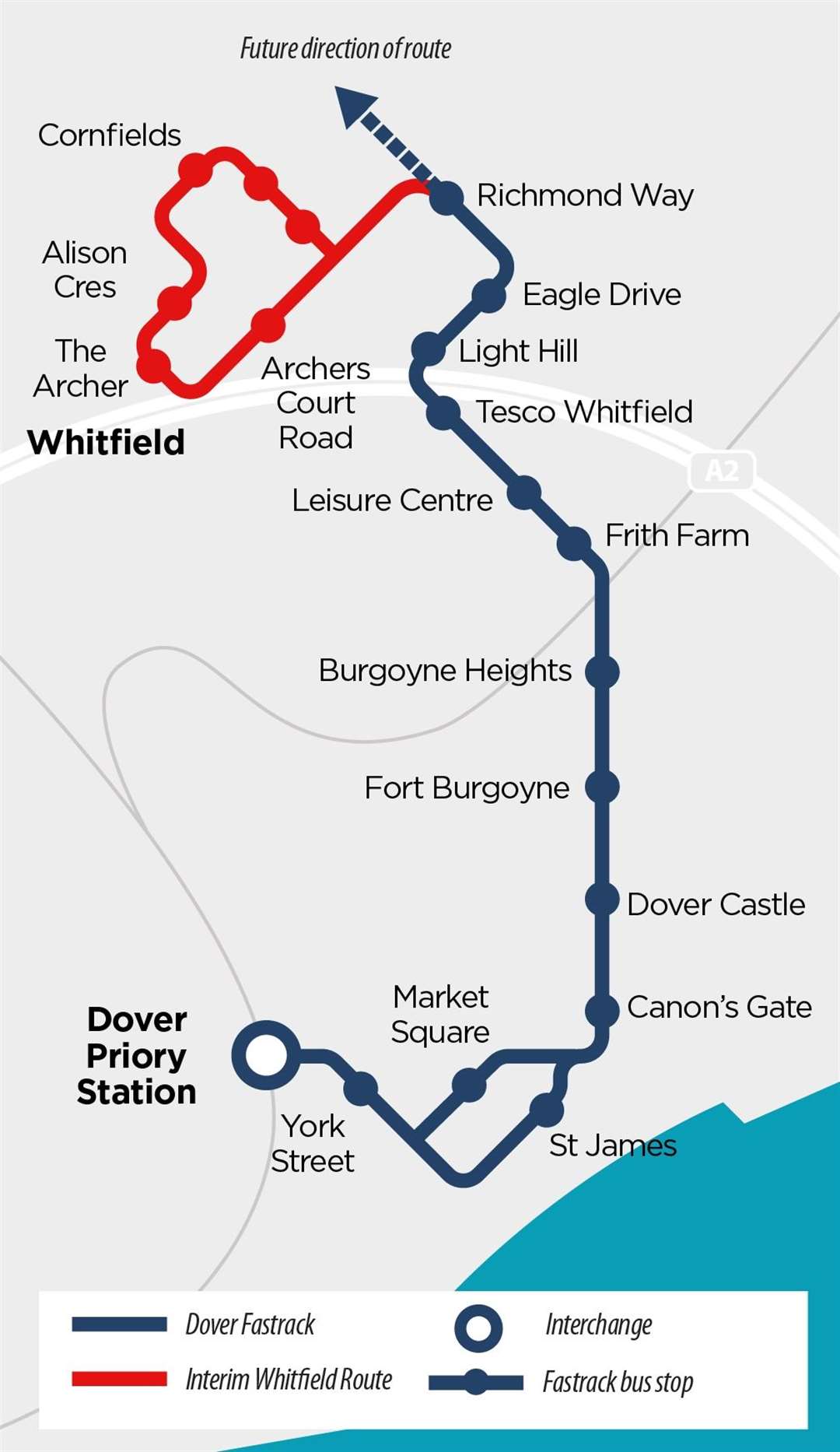 A map showing where the Dover Fastrack route is set to run