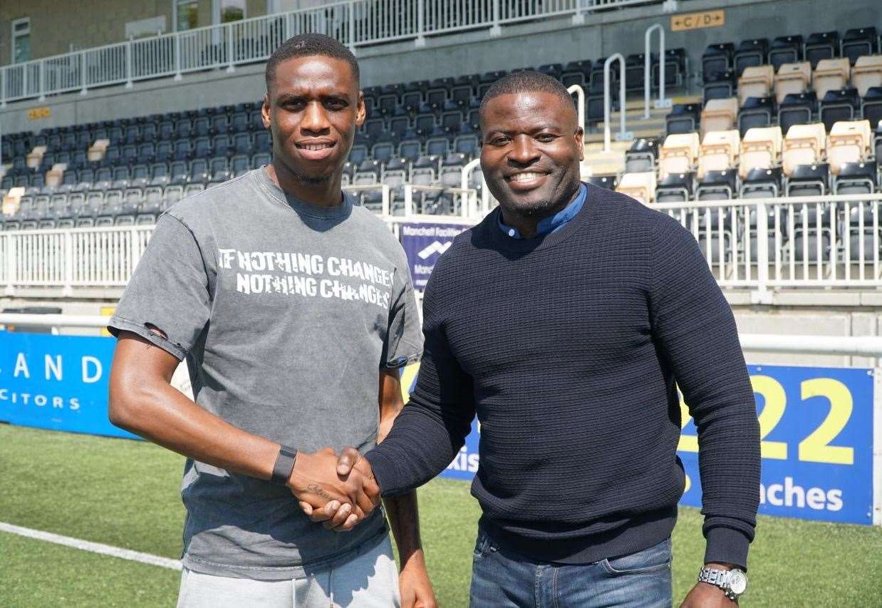 Maidstone new boy Temi Eweka with manager George Elokobi. Picture: MUFC