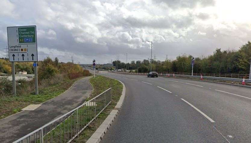 Drivers are facing delays on the A2 coastbound exit slip in Ebbsfleet Valley. Picture: Google