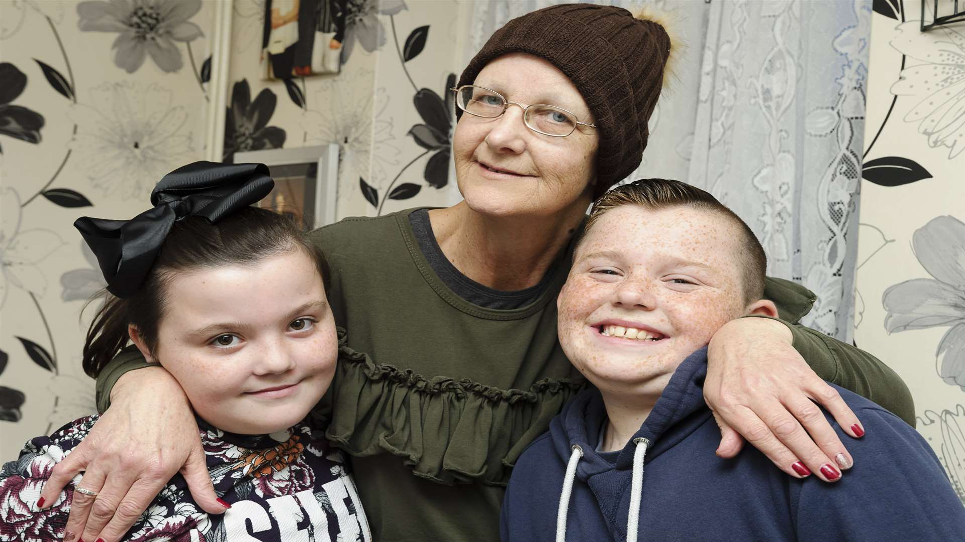 Twins Keiraleigh, left, and Kaiden with nan Maria Hogwood.