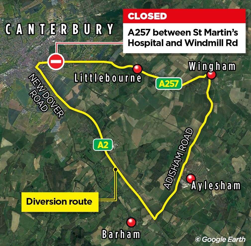 The closure of the A257 was set to see traffic diverted via the Adisham Road and A2 at Barham