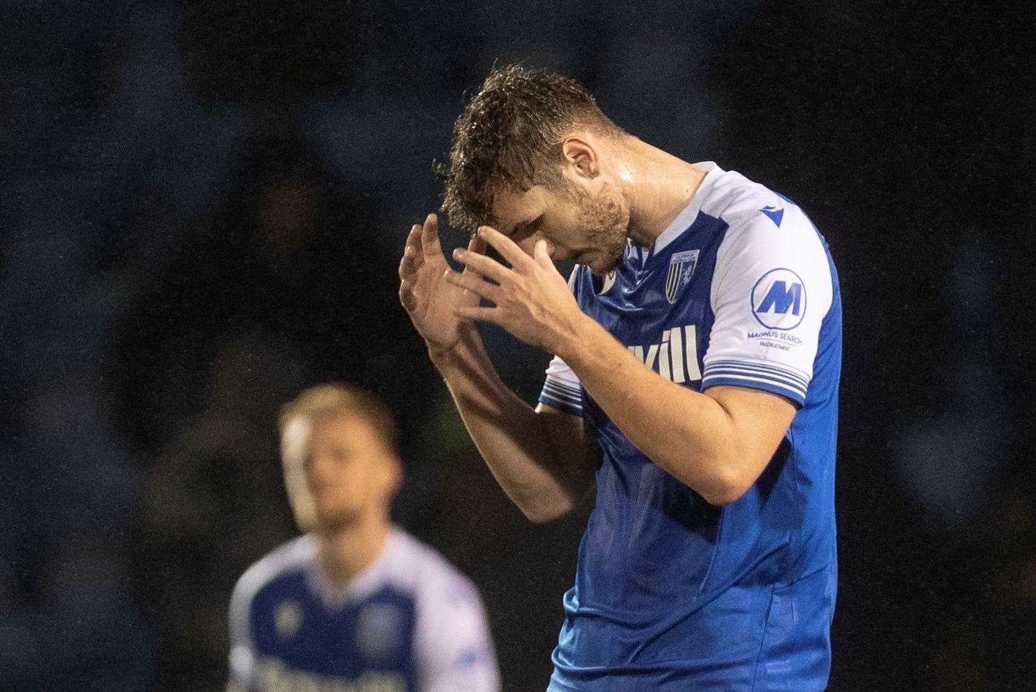 Josh Andrews after missing a chance late on in Gillingham’s defeat against Harrogate Town Picture: Julian_KPI