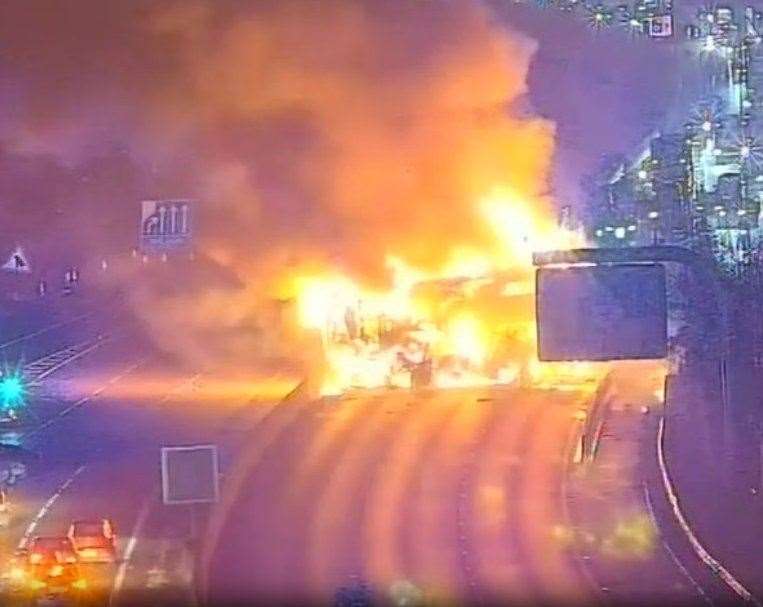 A Tesco heavy goods vehicle caught alight on the M25 at around 10pm last night. Photo: National Highways/Social Media