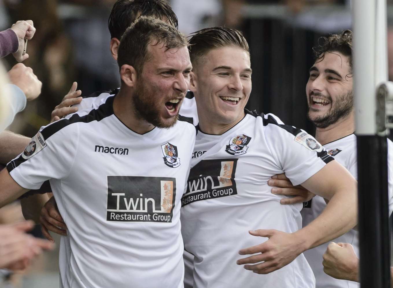 Ryan Hayes celebrates with Andy Pugh and Alex Brown Picture: Andy Payton