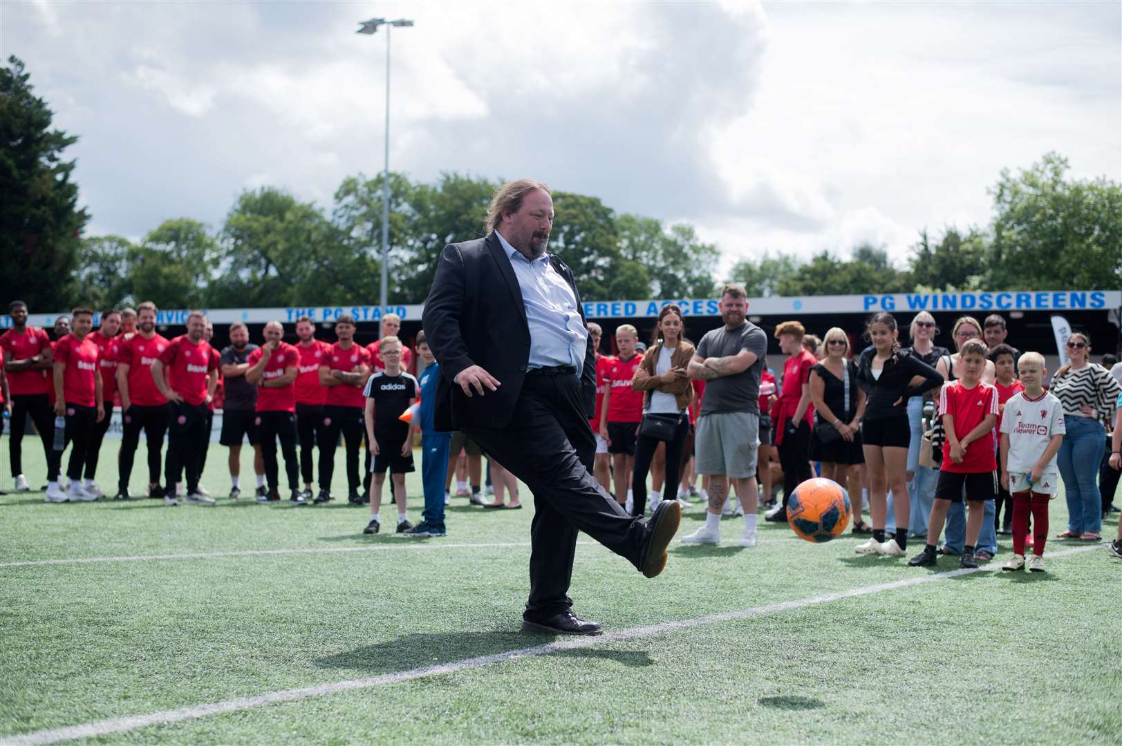 Medway Council leader Vince Maple takes part in a penalty competition at Chatham Town Picture: Shotbytxm