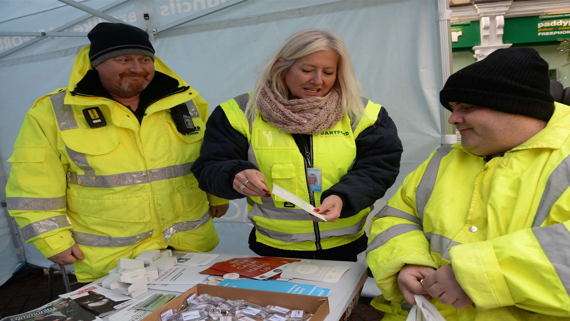 Steve Heine and Alison Smith of the community safety unit chat with Mark Butler during the safety awareness day held in Dartford High Street on Thursday. Picture: Chris Davey